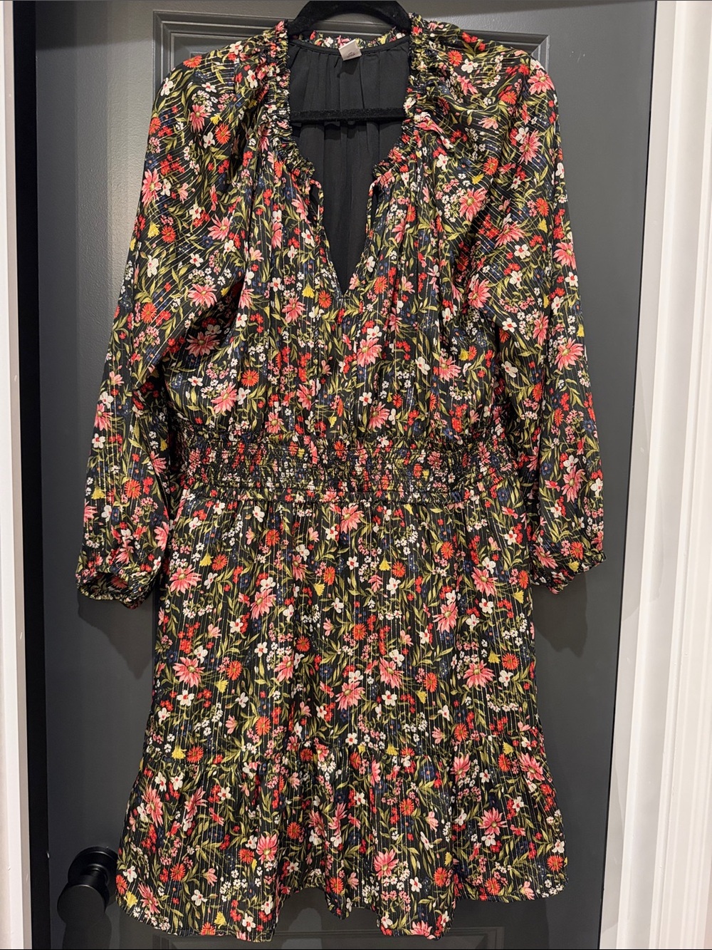 Old Navy Floral Black Smocked Waist Dress